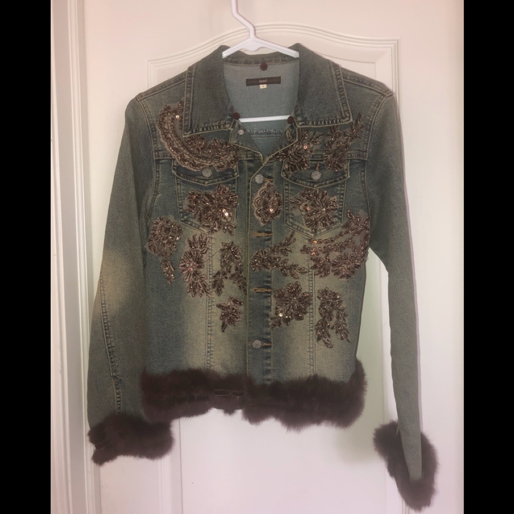 Denim Jacket with Appliqués and Fur Accents